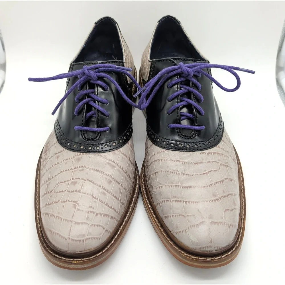 Gray Crocodile Embossed Black Cole Haan Colton Saddle Oxford Dress Shoes Sz 9.5
